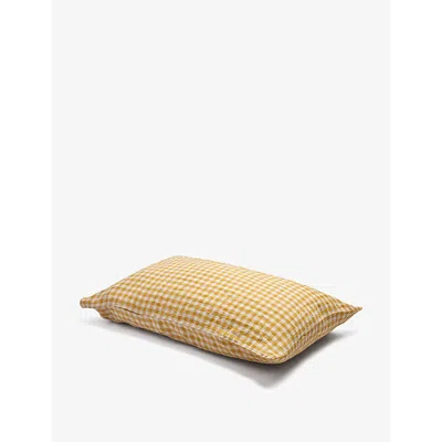 Piglet In Bed Honey Gingham Gingham-pattern Super King Linen Pillowcases 50cm X 90cm In Neutral