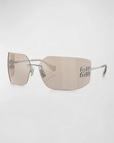 Miu Miu Metal Rimless Wrap Sunglasses In Silver