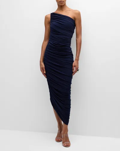 Norma Kamali Diana Shirred One-shoulder Gown In True Navy