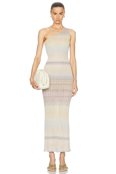 Missoni One Shoulder Long Dress In Multicolor With Beige & Silver Shades
