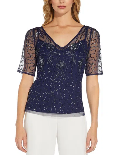 Adrianna Papell Womens Mesh Embellished Blouse In Blue