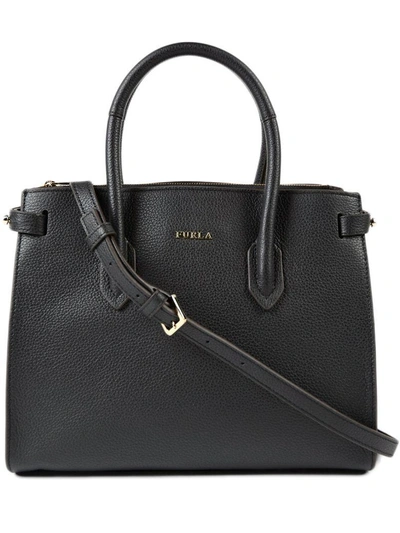 Furla Pin Small East/west Embossed Leather Satchel In Onyx Black/gold