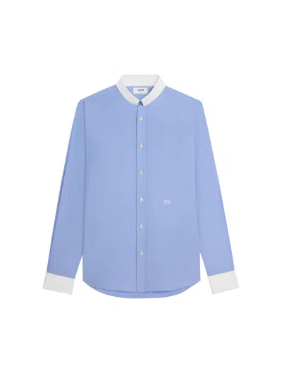 Celine Loose Shirt With Reverse Collar In Striped Cotton Sky Blue / Chalk
