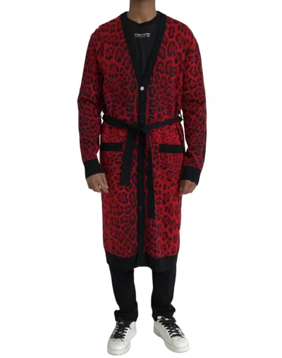 Dolce & Gabbana Red Leopard Wool Dressing Gown Belted Cardigan Jumper
