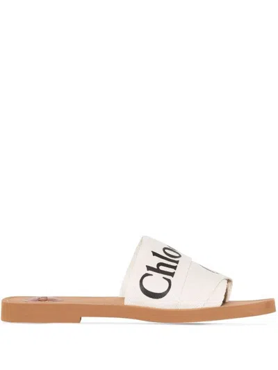 Chloé Woody Leather Flat Sandals In White