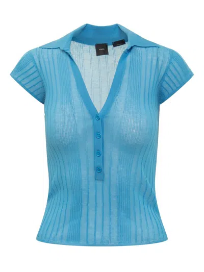 Pinko Ribbed-knit Polo Top In Blue