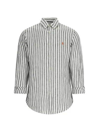 Polo Ralph Lauren Linen Shirt With Striped Pattern In Bianco E Grigio