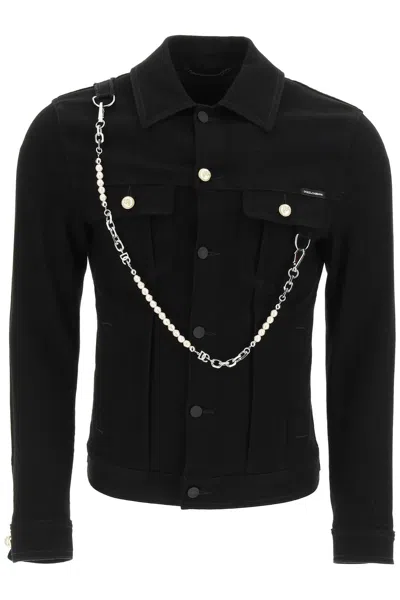 Dolce & Gabbana Denim Jacket With Keychain In Black