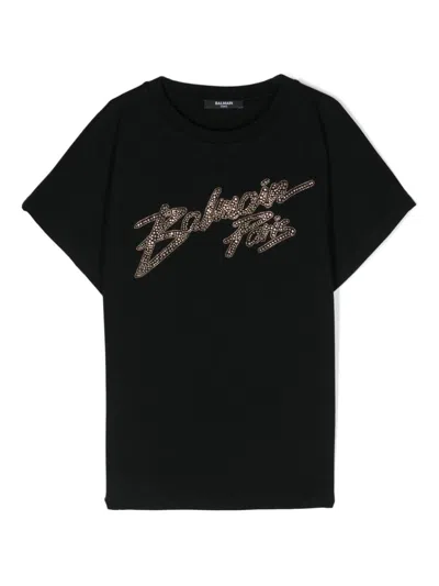 Balmain Kids' T-shirt Con Cristalli In Black
