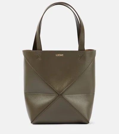 Loewe Mini Leather Puzzle Fold Tote Bag In Dark_khaki_green