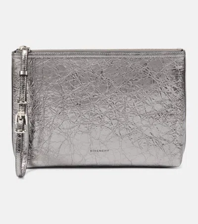 Givenchy Voyou Metallic Leather Pouch In Silver