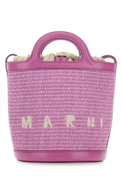Marni Woman Lilac Leather And Raffia Tropicalia Bucket Bag In Purple