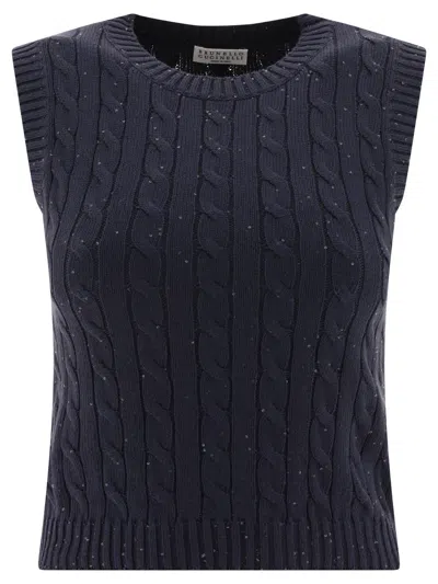 Brunello Cucinelli Dazzling Cables Knit Top In Blue