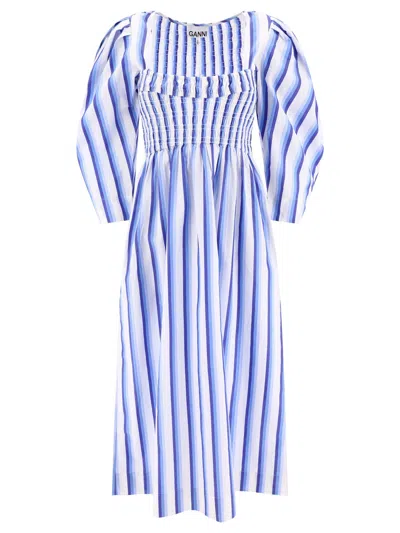 Ganni Striped Smock Dress In Light Blue