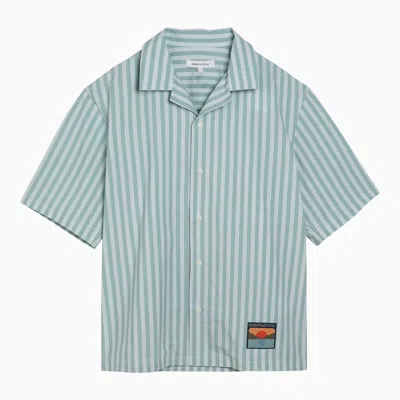 Maison Kitsuné Short Sleeved Striped Cotton Shirt In Blue