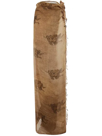 Uma Wang Printed Fringed Cotton Scarf In Brown