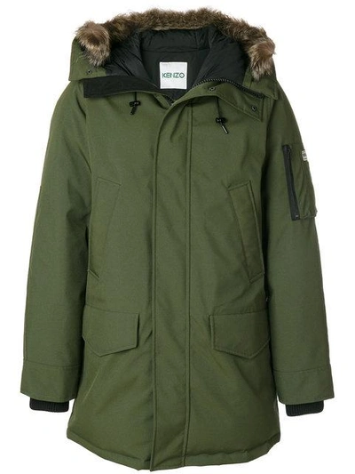 Kenzo Water Repellent Down Parka With Fur Trim In Green