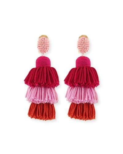 Oscar De La Renta Long Tiered Silk Tassel Clip-on Earrings In Pink