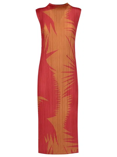 Issey Miyake Pleats Please  Graphic Printed Sleeveless Dress In Orange