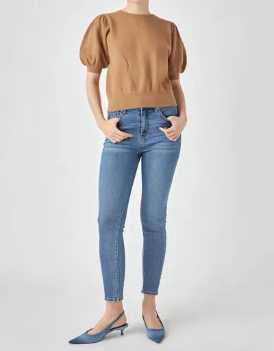 English Factory Short Puff Sleeve Knit Top In Cognac In Brown