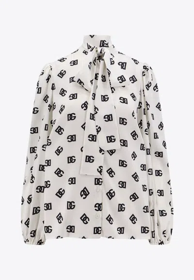Dolce & Gabbana Charmeuse Shirt With All-over Dg Logo Print In White