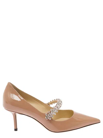 Jimmy Choo 'bing' Pink Pumps With Crystal Embellishment In Patent Leather Woman In Beige