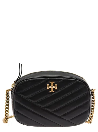 Tory Burch 'kira' Black Crossbody Bag With Double T Detail In Chevron Leather Woman