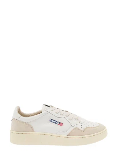 Autry 'medalist' White Low Top Sneakers With Beige Suede Details In Leather Man In Neutrals