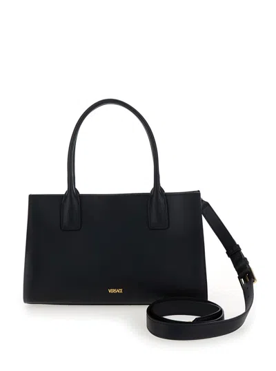 Versace 'medusa 95' Black Tote Bag With Logo Detail In Smooth Leather Woman