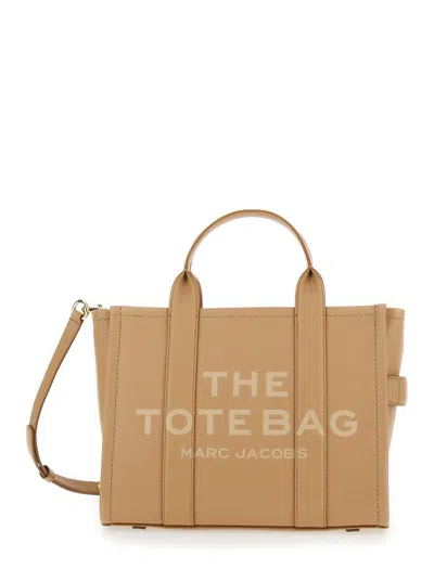 Marc Jacobs 'the Medium Tote Bag' Beige Shoulder Bag With Logo In Grainy Leather Woman