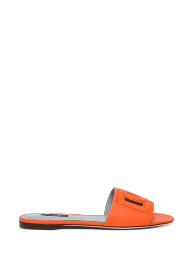 Dolce & Gabbana Slide Sandals In Orange Leather With Logo