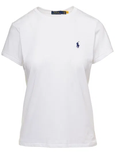 Polo Ralph Lauren White Crewneck T-shirt With Contrasting Logo Embrodery In Cotton Woman