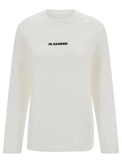 Jil Sander White Long Sleeve T-shirt With Contrasting Logo Print In Cotton Woman