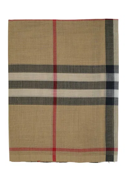 Burberry Beige Scarf With Giant Check In Wool And Silk Woman In Brown