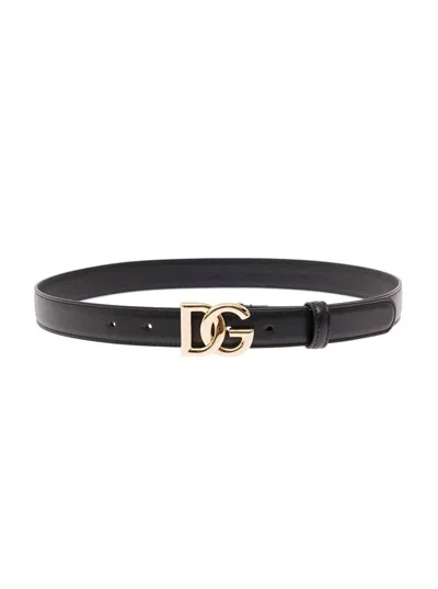 Dolce & Gabbana Black Thin Belt With Golden Dg Buckle In Leather Woman