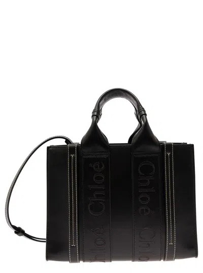 Chloé 'small Woody' Black Tote Bag With Tonal Logo Detail In Leather Woman