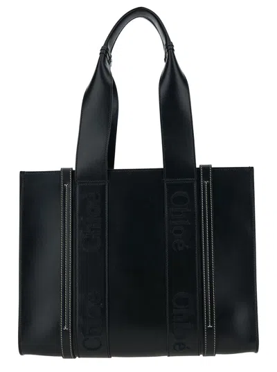 Chloé 'woody' Black Tote Bag With Tonal Logo Detail In Leather Woman