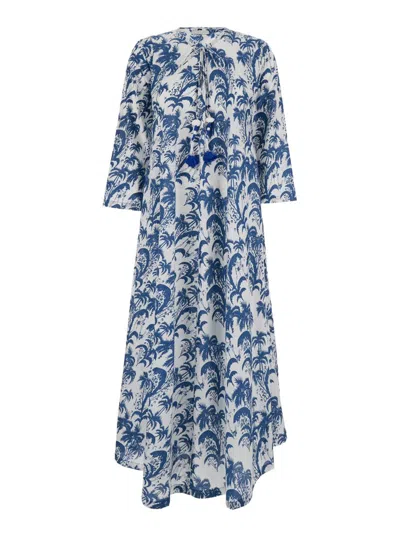 Ellblue Blue And White Kaftan Dress With Tassels And All-over Motif In Cotton Woman