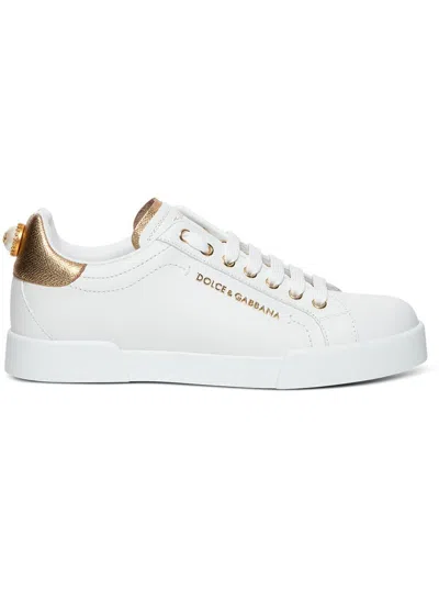 Dolce & Gabbana Portofino White Leather Sneakers With Metallic Inserts