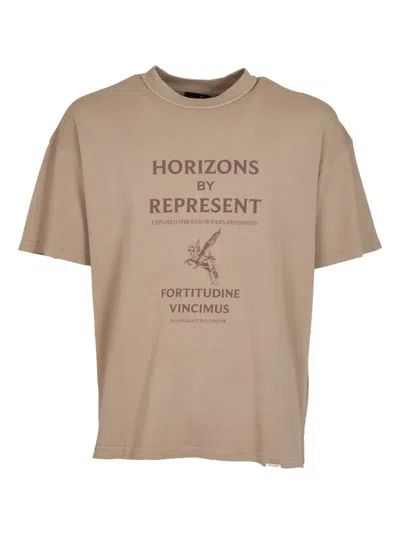 Represent Mens Washed Taupe Horizons Graphic-print Cotton-jersey T-shirt