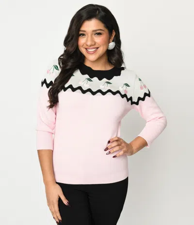 Unique Vintage Pink & Black Cherry Sweater In Multi