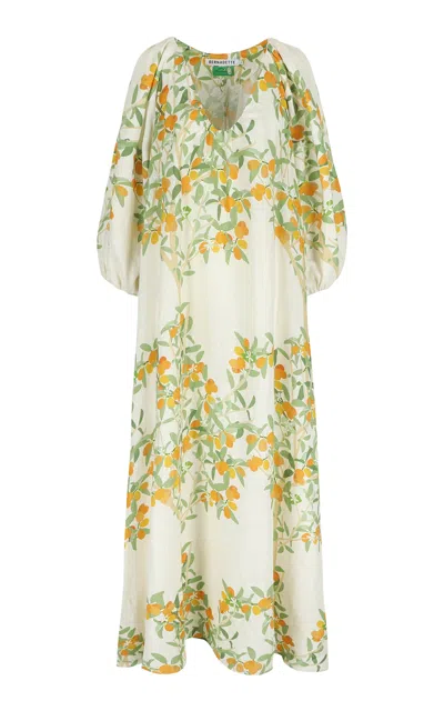 Bernadette Georgio Printed Linen Maxi Dress In Kumquat Ivory