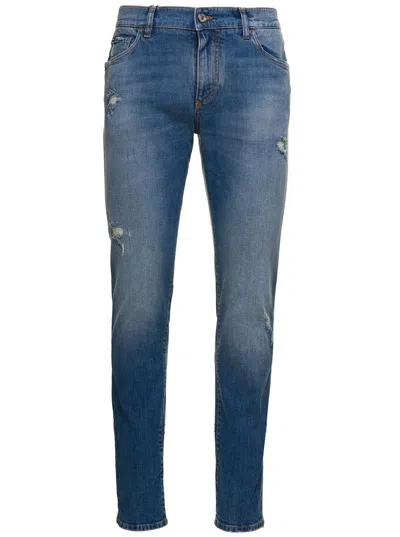 Dolce & Gabbana Blue Distressed Slim-fit Jeans In Cotton Denim In Green