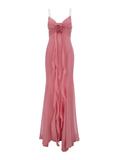 Blumarine Pink Draped Maxi Dress With Rose Applique In Silk Woman