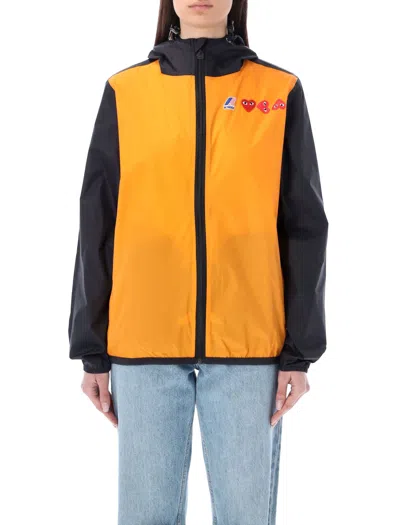 Comme Des Garçons Play Logo Hooded Bicolor Full Zip Jacket In Orange