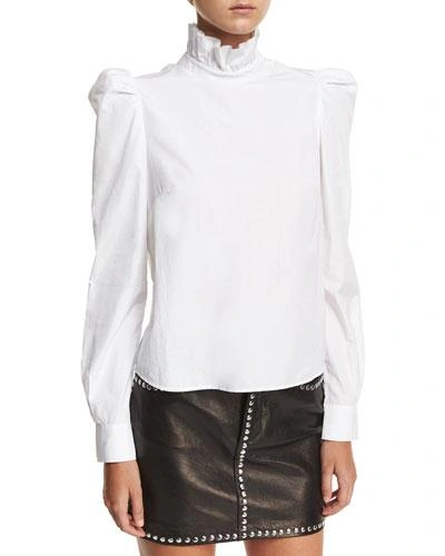 Frame High-neck Ruffle-trim Cotton Shirt In Blanc