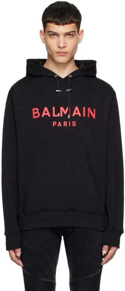 Balmain Logo-print Cotton Hoodie In Eik Noir/rouge