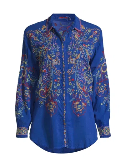 Johnny Was Cachemire Floral-embroidered Button-down Tunic In Admiral Blue