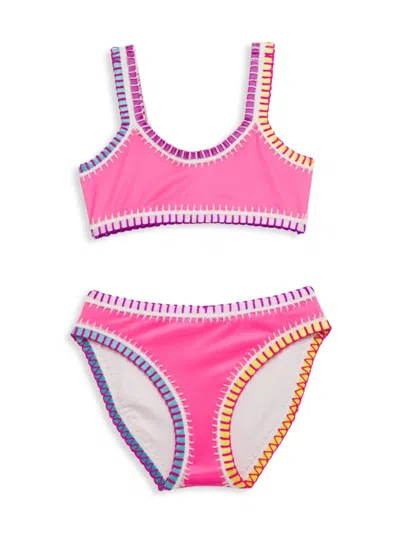Pq Little Girl's & Girl's Sporty Rainbow Embroidered Bikini Set In Hot Pink