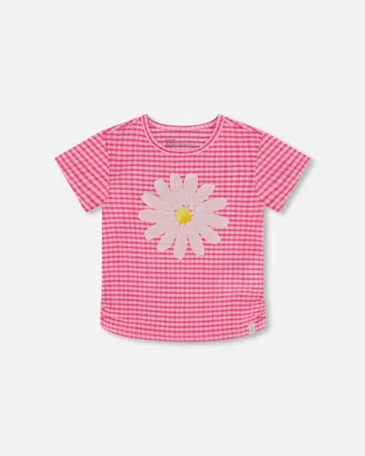 Deux Par Deux Kids' Girl's Crinkle Jersey Top With Flower Applique Vichy Pink